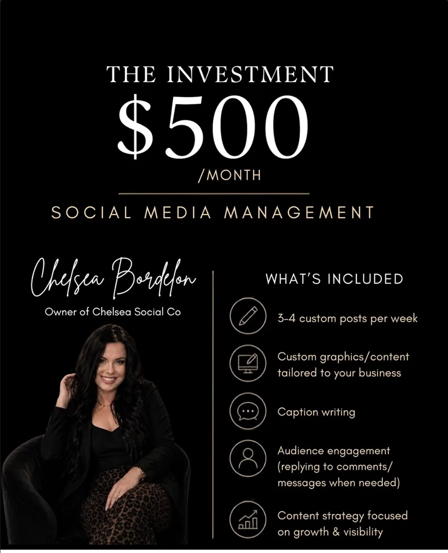 Chelsea Social Co. social media management package — $500 per month, including 3–4 custom posts per week, custom graphics and content tailored to your business, caption writing, audience engagement with replies to comments and messages when needed, and content strategy focused on growth and visibility.